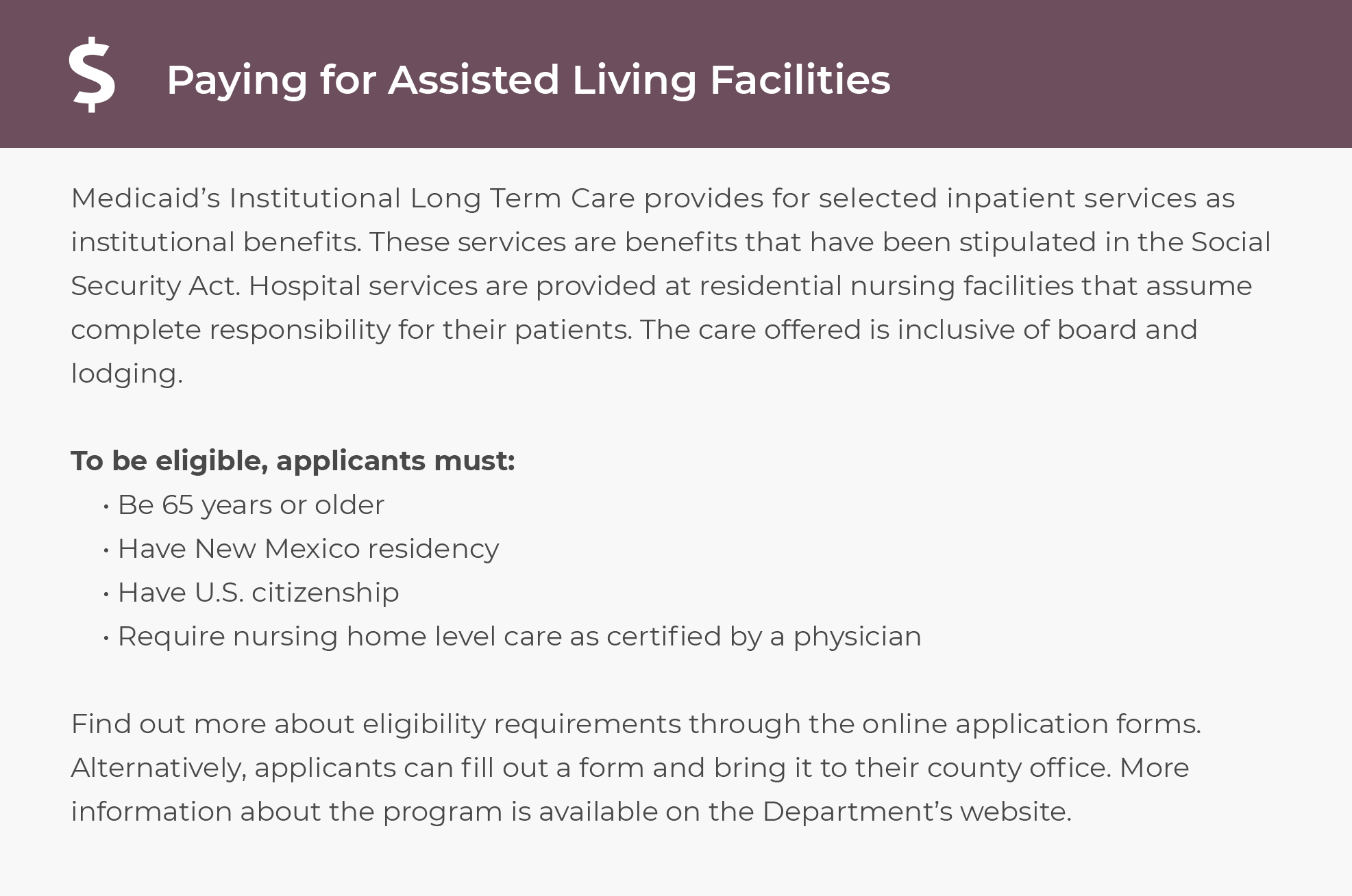Paying for assised living facilities in New Mexico