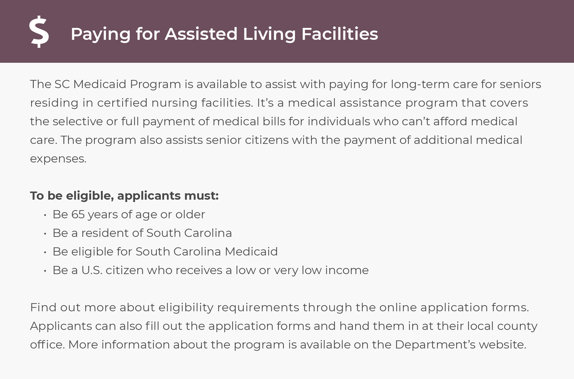 More ways to pay for assisted living in South Carolina