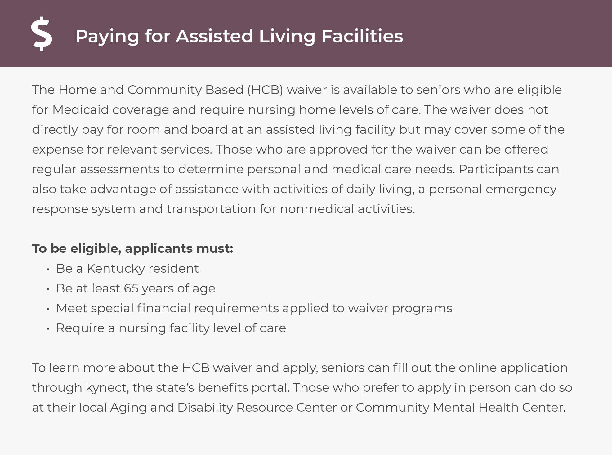 Paying for assisted living facilities in Kentucky