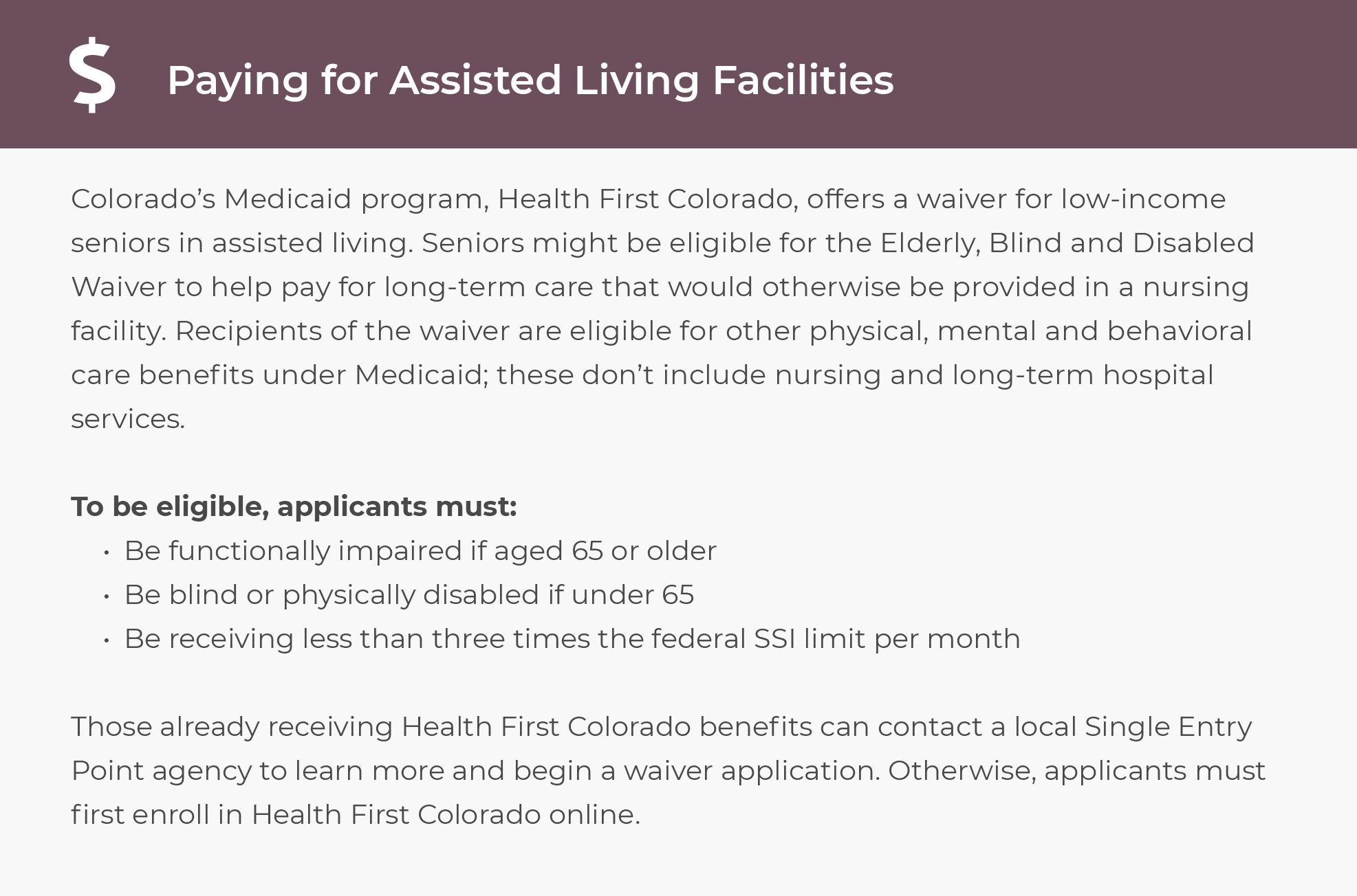 Paying for asissted living facilities in Colorado