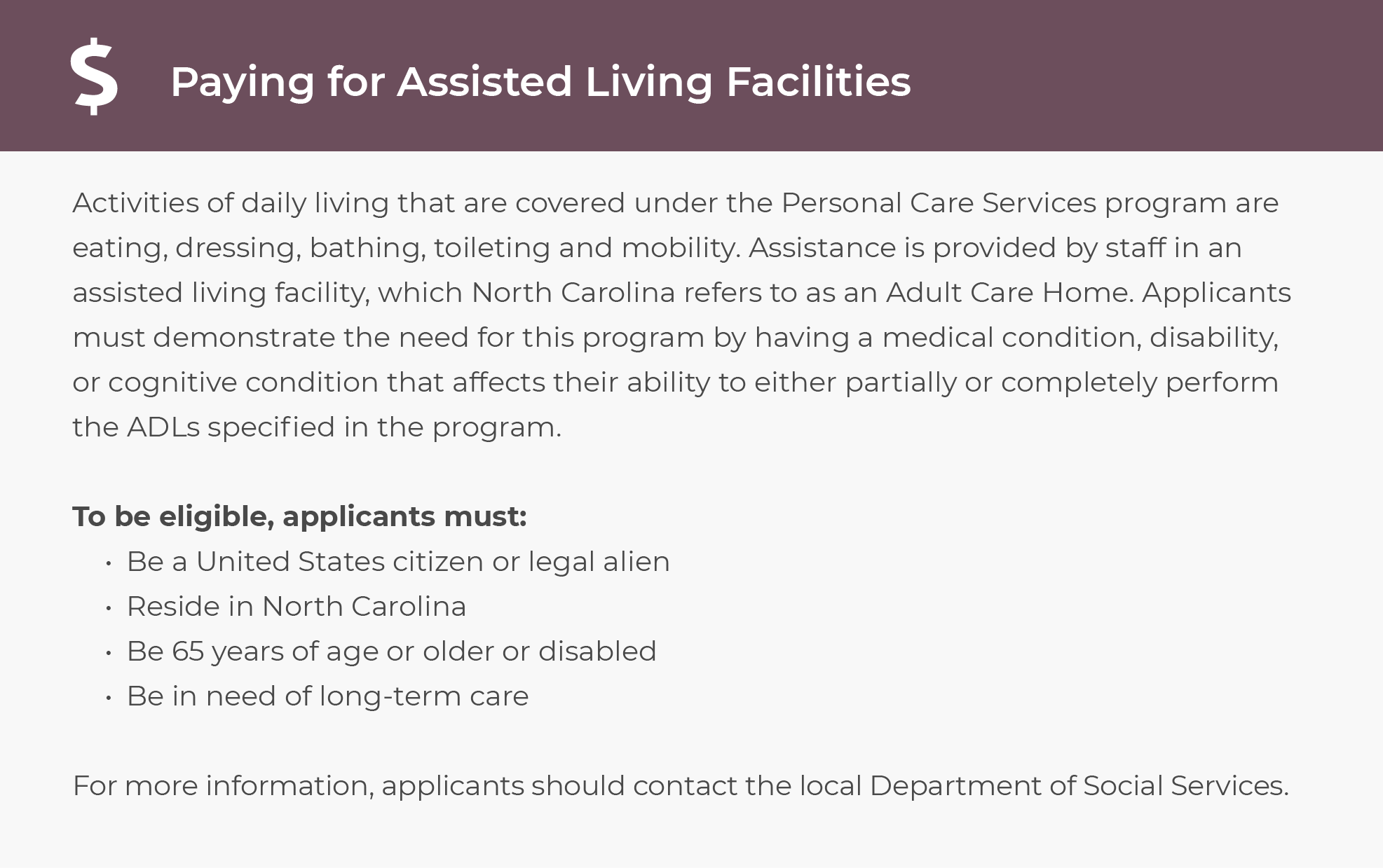 Paying for assisted living in North Carolina