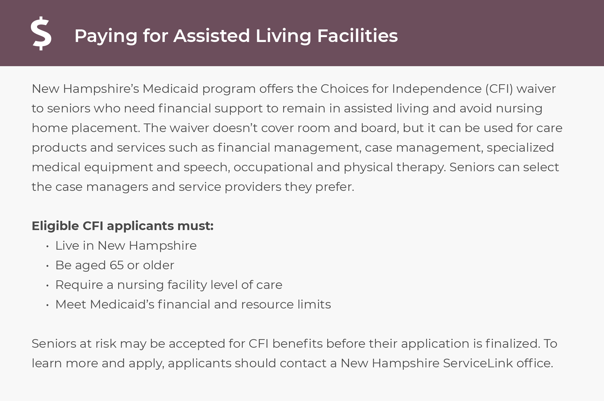 Paying for Assisted Living Facilities in New Hampshire