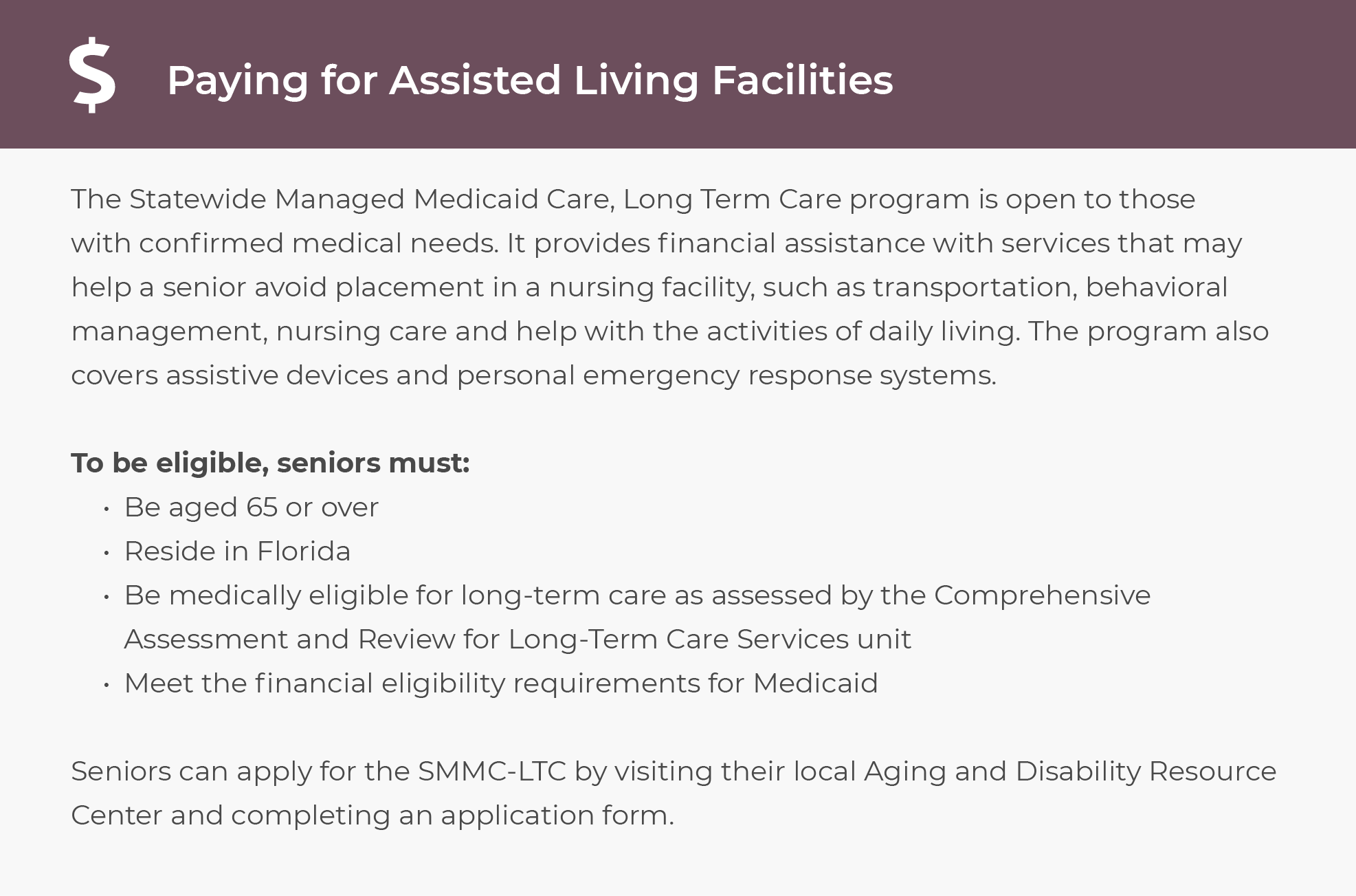 More ways to pay for assisted living in Florida